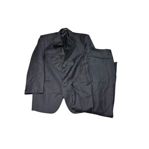 Issimo Mens 100% Virgin Wool Tuxedo Suit 2Pc Black Herringbone Made in Italy 46R